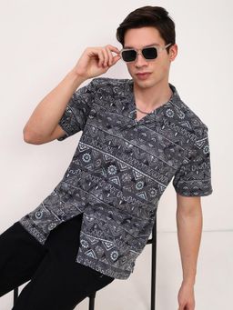 SHOWOFFFF - Mens Grey Geometric Cuban Collar Relaxed Fit Shirt