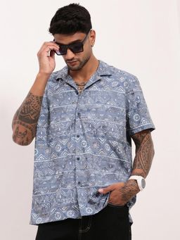 SHOWOFFFF - Mens Blue Geometric Cuban Collar Relaxed Fit Shirt