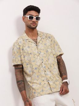 SHOWOFF - Mens Yellow Abstract Cuban Collar Relaxed Fit Shirt
