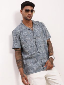 SHOWOFFFF - Mens Grey Geometric Cuban Collar Relaxed Fit Shirt