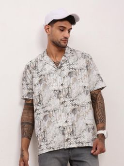 SHOWOFFFF - Mens Cream Geometric Cuban Collar Relaxed Fit Shirt
