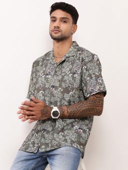 SHOWOFF - Mens Green Ethnic Motifs Cuban Collar Relaxed Fit Shirt