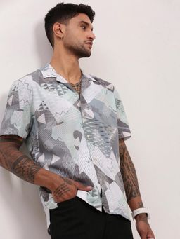 SHOWOFF - Mens Grey Abstract Cuban Collar Relaxed Fit Shirt