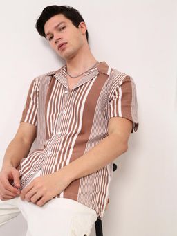 SHOWOFF - Mens Brown Striped Cuban Collar Relaxed Fit Shirt