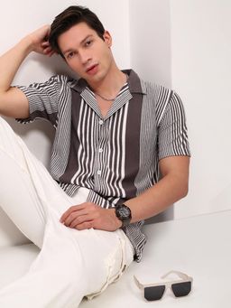 SHOWOFF - Mens Brown Striped Cuban Collar Relaxed Fit Shirt
