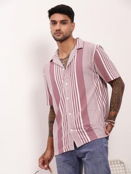 SHOWOFF - Mens Purple Striped Cuban Collar Relaxed Fit Shirt