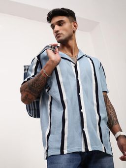SHOWOFFFF - Mens Blue Striped Cuban Collar Relaxed Fit Shirt