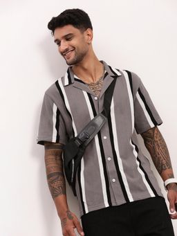 SHOWOFFFF - Mens Grey Striped Cuban Collar Relaxed Fit Shirt