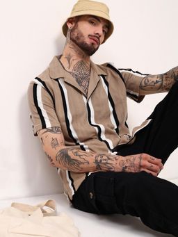 SHOWOFFFF - Mens Beige Striped Cuban Collar Relaxed Fit Shirt