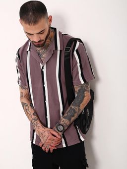 SHOWOFF - Mens Purple Striped Cuban Collar Relaxed Fit Shirt