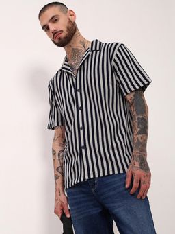 SHOWOFF - Edition Mens Navy Blue Striped Cuban Collar Relaxed Fit Shirt