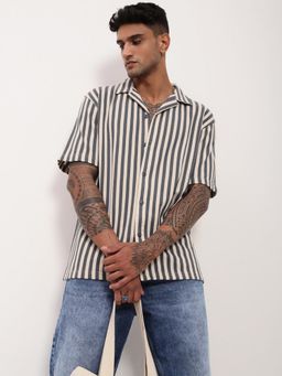 SHOWOFF - Mens Grey Striped Cuban Collar Relaxed Fit Shirt