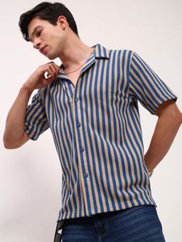 SHOWOFF - Mens Blue Striped Cuban Collar Relaxed Fit Shirt