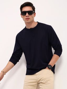 SHOWOFF - Men Navy Blue Solid Full Sleeve T-Shirt