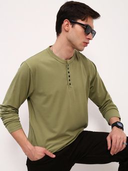 SHOWOFF - Men Green Solid Full Sleeve T-Shirt