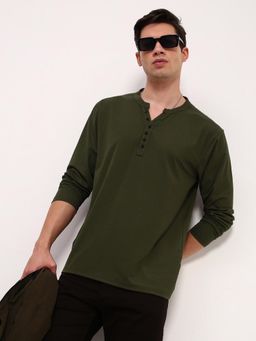 SHOWOFF - Men Green Solid Full Sleeve T-Shirt