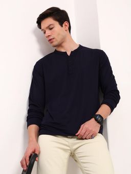 SHOWOFFFF - Men Navy Blue Solid Full Sleeve T-Shirt