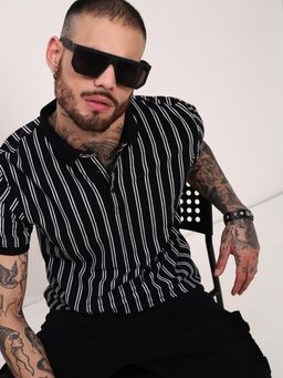 SHOWOFFFF - Men Black Striped Polo T-Shirt