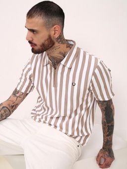 SHOWOFF - Men Beige Striped Polo T-Shirt