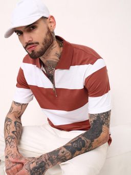 SHOWOFF - Men Brown Striped Polo T-Shirt