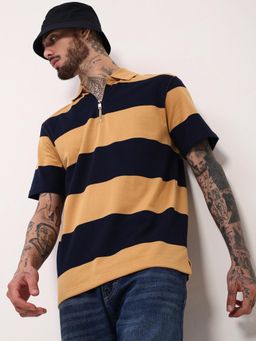 SHOWOFF - Men Mustard Striped Polo T-Shirt