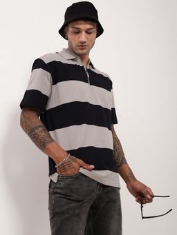 SHOWOFF - Men Grey Striped Polo T-Shirt