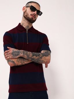 SHOWOFF - Men Navy Blue Striped Polo T-Shirt