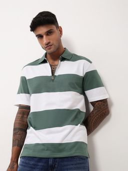 SHOWOFF - Men Green Striped Polo T-Shirt