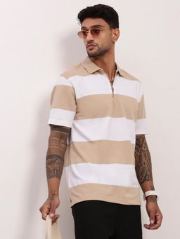 SHOWOFF - Men Beige Striped Polo T-Shirt