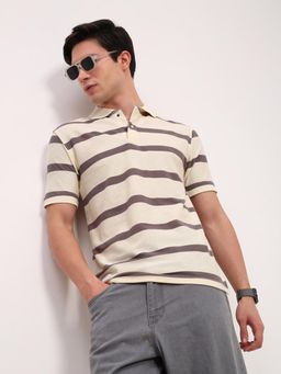 SHOWOFF - Men Cream Striped Polo T-Shirt
