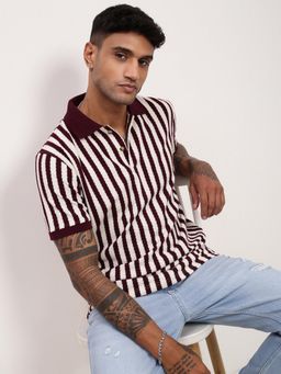 SHOWOFFFF - Men Burgundy Striped Polo T-Shirt