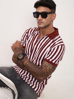 SHOWOFFFF - Men Brown Striped Polo T-Shirt