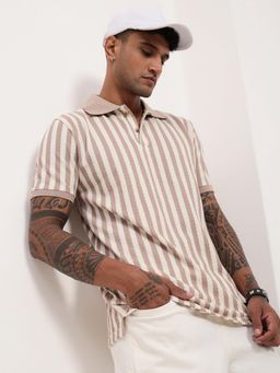 SHOWOFFFF - Men Beige Striped Polo T-Shirt