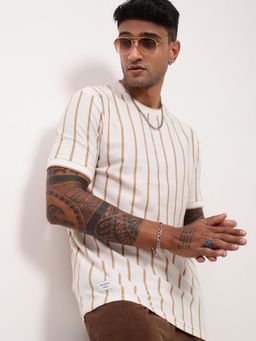 SHOWOFFFF - Men Cream Striped T-Shirt