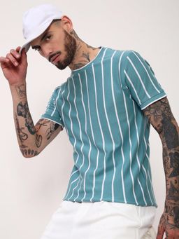 SHOWOFFFF - Men Blue Striped T-Shirt