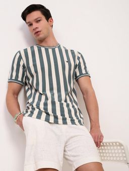 SHOWOFFFF - Men Sea Green Striped T-Shirt