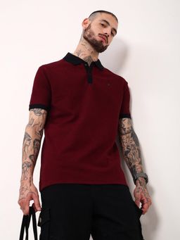 SHOWOFF - Men Maroon Textured Polo T-Shirt