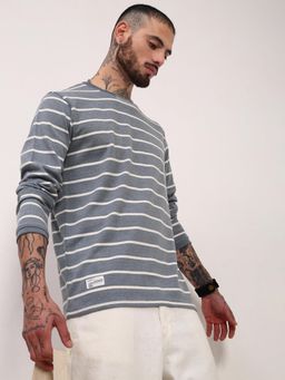 SHOWOFF - Men Grey Striped Full Sleeve T-Shirt