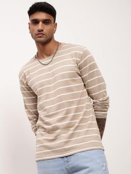 SHOWOFF - Men Beige Striped Full Sleeve T-Shirt