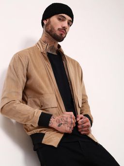 SHOWOFF - Mens Beige Solid Bomber Jacket