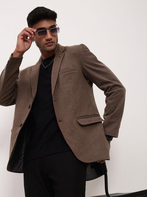 SHOWOFFFF Mens Brown Stripes Single Breasted Blazer
