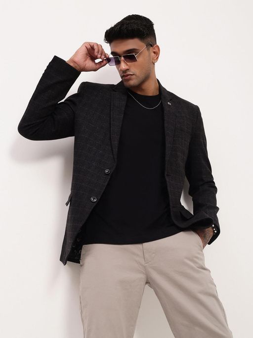 SHOWOFFFF Mens Black Checks Single Breasted Blazer