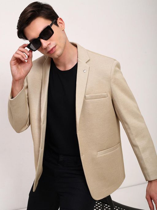 SHOWOFFFF Mens Beige Solid Single Breasted Blazer