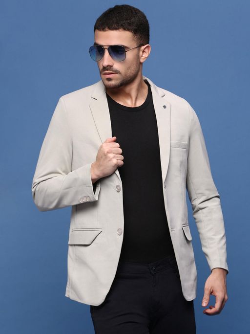 SHOWOFFFF Mens Cream Solid Single Breasted Blazer