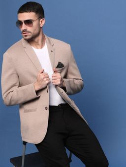 SHOWOFFFF - Mens Beige Solid Single Breasted Blazer