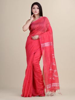 LAA CALCUTTA - Pink & Silver Cotton Silk Hand Woven Sequence Saree With Unstitched Blouse