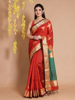 CHARUKRITI - Red Blended Cotton Handwoven Zari Woven Bird Designs Saree with Unstitched Blouse