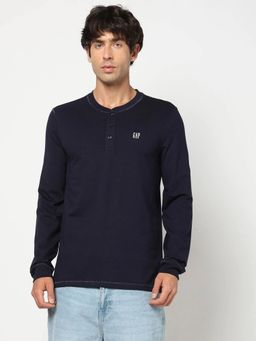 GAP - Men Textured Relaxed Fit Henley Navy Blue T-Shirt