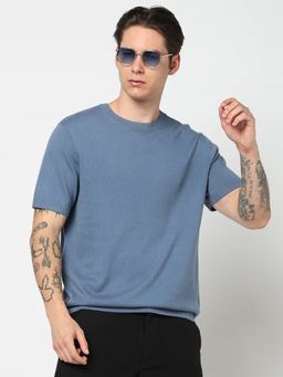 GAP - Men Textured Regular Fit Round Neck Blue T-Shirt