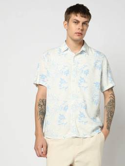 GAP - Men Floral Print Off White Spread Collar Shirt